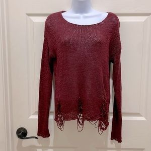 Bear Dance Burgundy Knit Distressed Sweater
